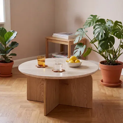 Table basse AZILYS Imitation chêne et travertin vue d'ambiance 1