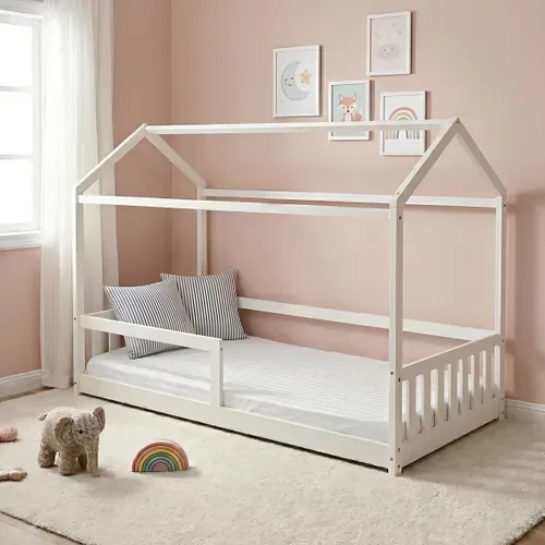 Lit cabane 90x190 cm en pin massif avec sommier RUBY blanc vue d'ambiance 1