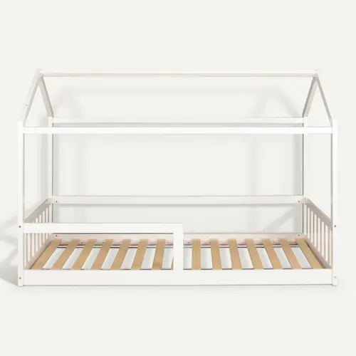Lit cabane 90x190 cm en pin massif avec sommier RUBY blanc vue de face