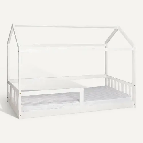 Lit cabane 90x190 cm en pin massif avec sommier RUBY blanc vue 3/4