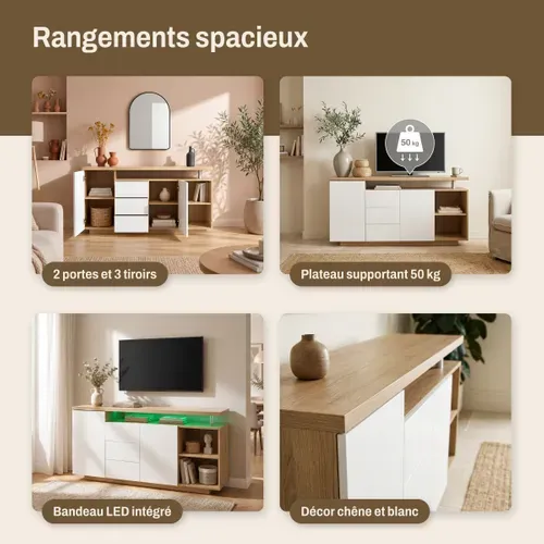 Buffet LED 140cm AMOS imitation chêne et blanc vue accessoires