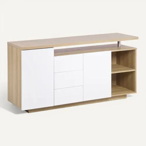 Buffet LED 140cm AMOS imitation chêne et blanc vue 3/4