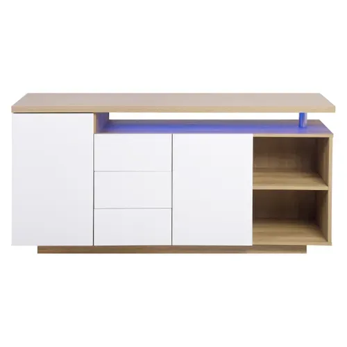Buffet LED 140cm AMOS imitation chêne et blanc