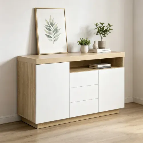 Buffet LED 140cm imitation CALIXTE chêne et blanc brillant vue d'ambiance 1