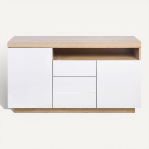 Buffet LED 140cm imitation CALIXTE chêne et blanc brillant vue de face
