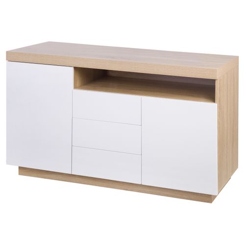 Buffet LED 140cm imitation CALIXTE chêne et blanc brillant vue de profil