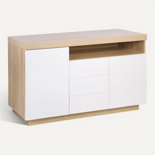 Buffet LED 140cm imitation CALIXTE chêne et blanc brillant vue 3/4