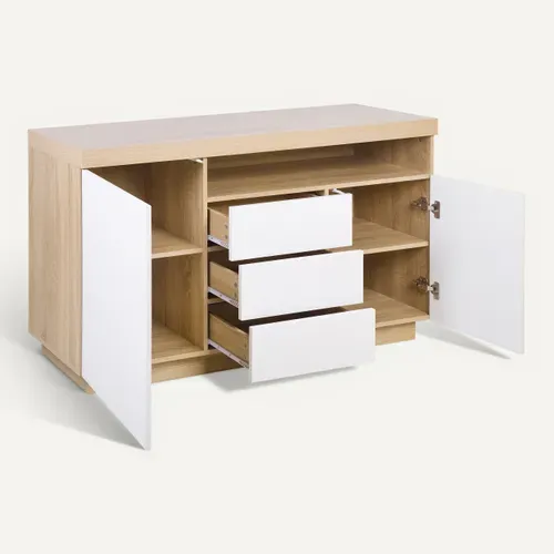 Buffet LED 140cm imitation CALIXTE chêne et blanc brillant
