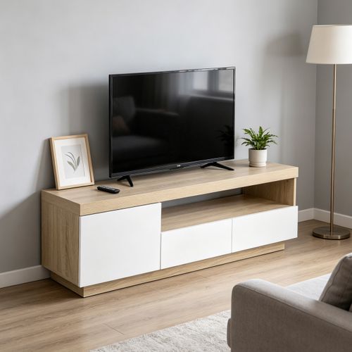 Meuble TV LED 150 cm imitation CALIXTE chêne et blanc brillant vue d'ambiance 1