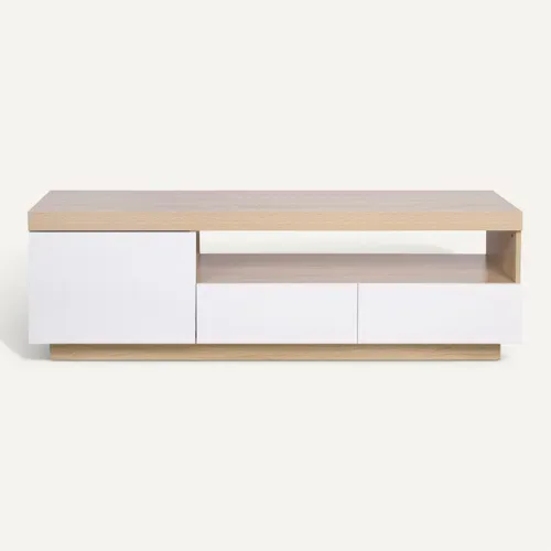 Meuble TV LED 150 cm imitation CALIXTE chêne et blanc brillant vue de face