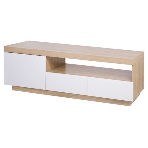 Meuble TV LED 150 cm imitation CALIXTE chêne et blanc brillant vue de profil