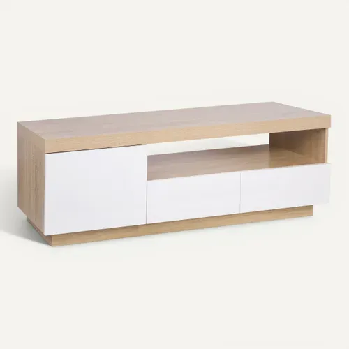 Meuble TV LED 150 cm imitation CALIXTE chêne et blanc brillant vue 3/4