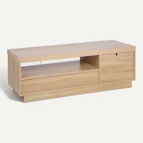 Meuble TV LED 150 cm imitation CALIXTE chêne et blanc brillant vue de derrière