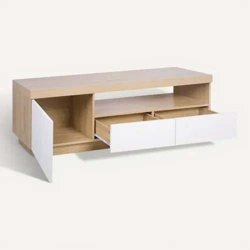 Meuble TV LED 150 cm imitation CALIXTE chêne et blanc brillant