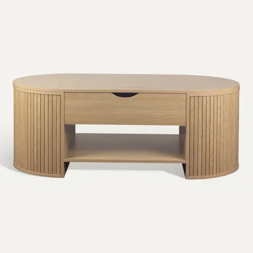 Table basse avec plateau relevable MISTI imitation chêne vue de face