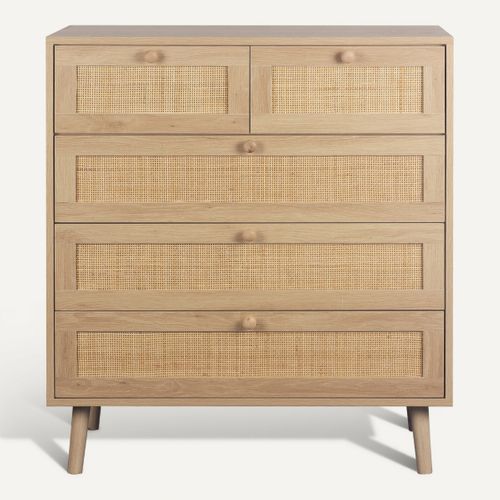 Commode 5 tiroirs L.80 cm BEA Imitation chêne et rotin vue de face