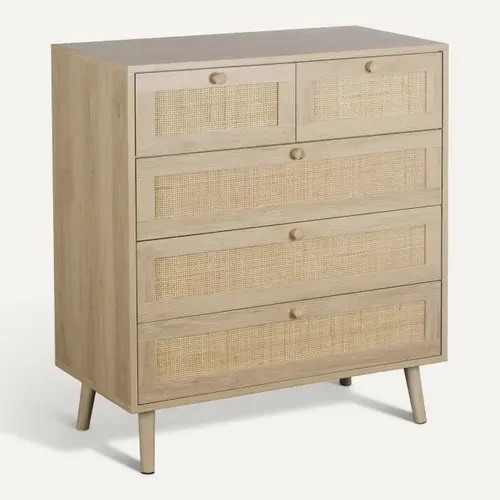 Commode 5 tiroirs L.80 cm BEA Imitation chêne et rotin vue 3/4