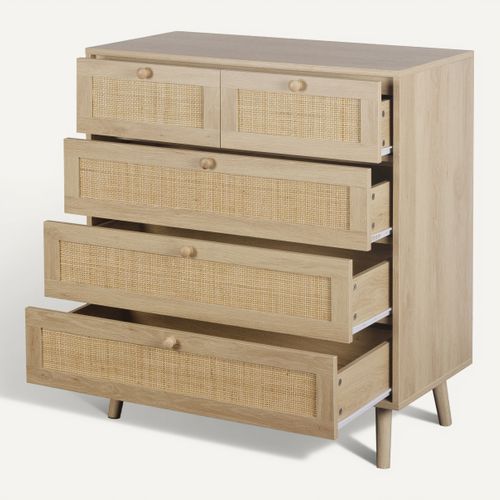 Commode 5 tiroirs L.80 cm BEA Imitation chêne et rotin