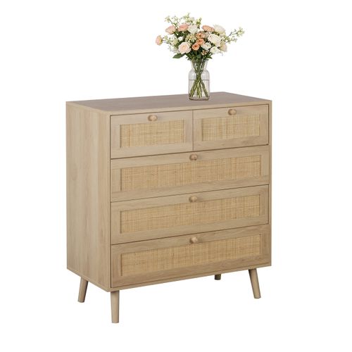 Commode 5 tiroirs L.80 cm BEA Imitation chêne et rotin