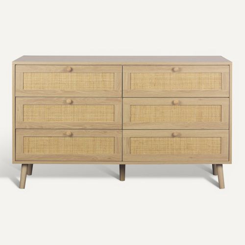 Commode 6 tiroirs L.120 cm BEA Imitation chêne et rotin vue de face