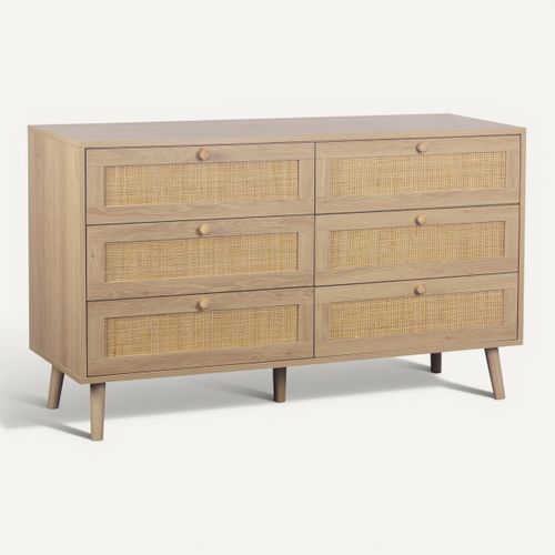 Commode 6 tiroirs L.120 cm BEA Imitation chêne et rotin vue 3/4