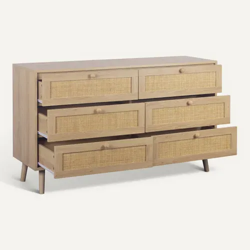 Commode 6 tiroirs L.120 cm BEA Imitation chêne et rotin