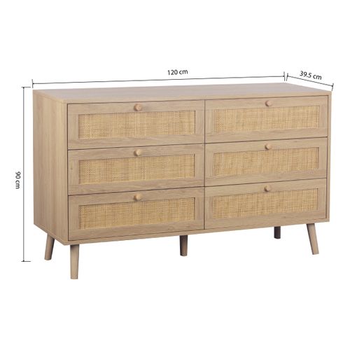 Commode 6 tiroirs L.120 cm BEA Imitation chêne et rotin
