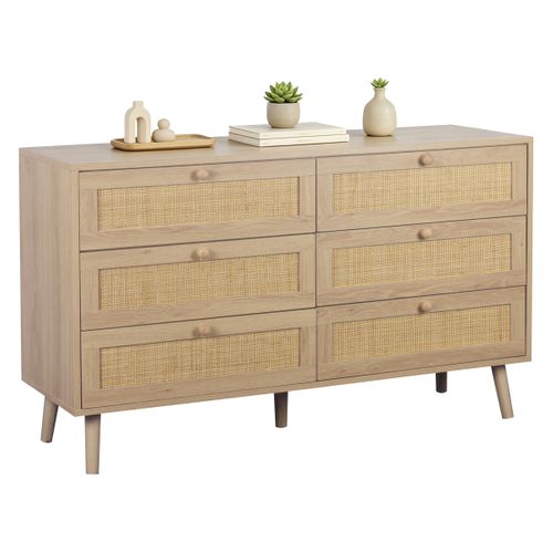 Commode 6 tiroirs L.120 cm BEA Imitation chêne et rotin