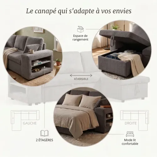 Canapé d'angle convertible méridienne réversible MOCHI en velours côtelé gris vue de profil
