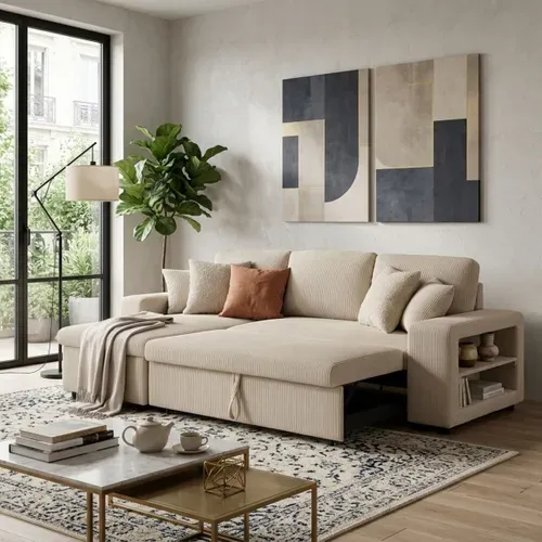 Canapé d'angle convertible méridienne réversible MOCHI en velours côtelé beige