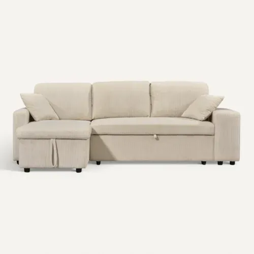 Canapé d'angle convertible méridienne réversible MOCHI en velours côtelé beige vue de face