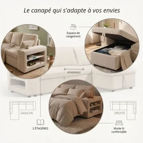 Canapé d'angle convertible méridienne réversible MOCHI en velours côtelé beige vue de profil