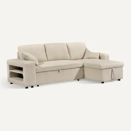 Canapé d'angle convertible méridienne réversible MOCHI en velours côtelé beige vue 3/4