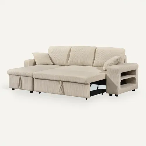 Canapé d'angle convertible méridienne réversible MOCHI en velours côtelé beige