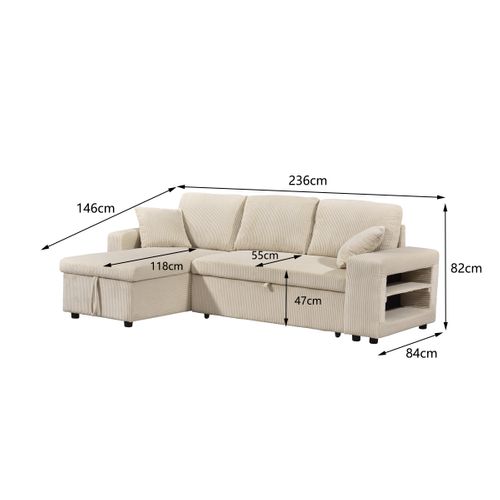 Canapé d'angle convertible méridienne réversible MOCHI en velours côtelé beige