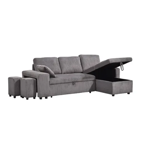 Canapé d'angle convertible méridienne réversible YUZU en velours côtelé gris vue de profil