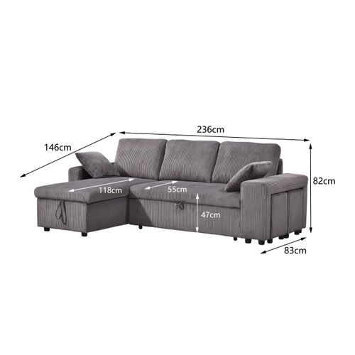 Canapé d'angle convertible méridienne réversible YUZU en velours côtelé gris