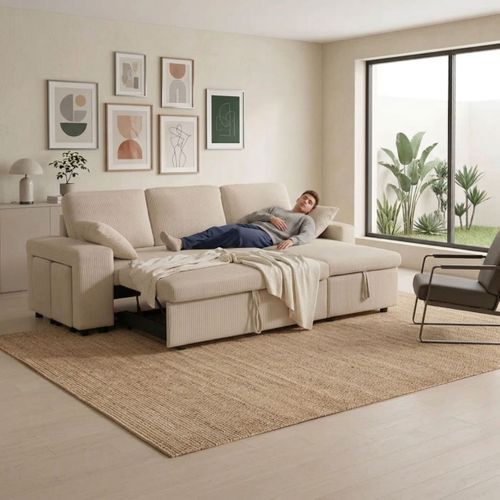 Canapé d'angle convertible méridienne réversible YUZU en velours côtelé beige