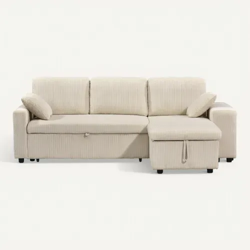 Canapé d'angle convertible méridienne réversible YUZU en velours côtelé beige vue de face