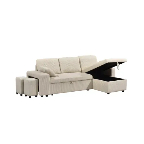 Canapé d'angle convertible méridienne réversible YUZU en velours côtelé beige vue de profil