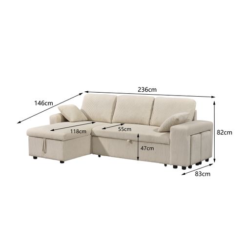 Canapé d'angle convertible méridienne réversible YUZU en velours côtelé beige