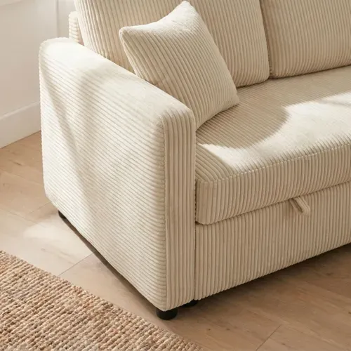 Canapé d'angle convertible méridienne réversible KIM en velours côtelé beige
