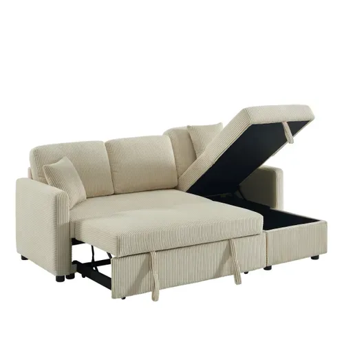 Canapé d'angle convertible méridienne réversible KIM en velours côtelé beige vue de profil