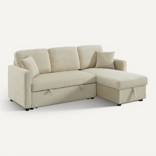 Canapé d'angle convertible méridienne réversible KIM en velours côtelé beige vue 3/4