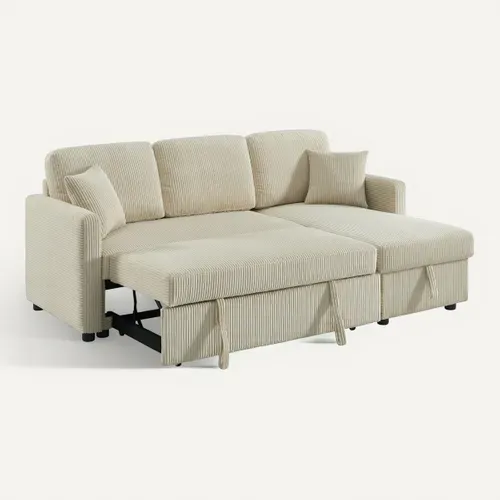 Canapé d'angle convertible méridienne réversible KIM en velours côtelé beige