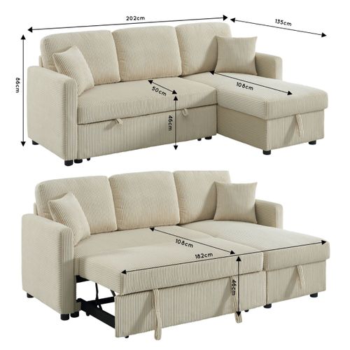 Canapé d'angle convertible méridienne réversible KIM en velours côtelé beige