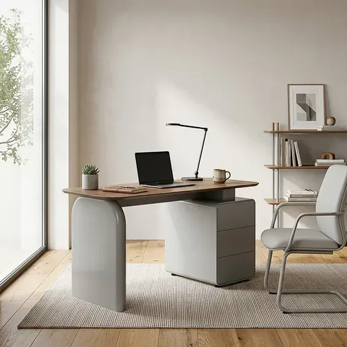 Bureau droit ORSO imitation chêne et gris vert vue d'ambiance 1