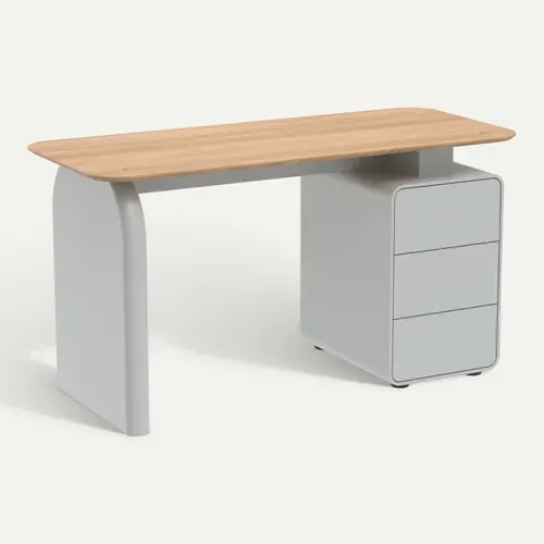 Bureau droit ORSO imitation chêne et gris vert vue 3/4