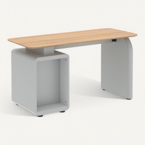 Bureau droit ORSO imitation chêne et gris vert vue de derrière
