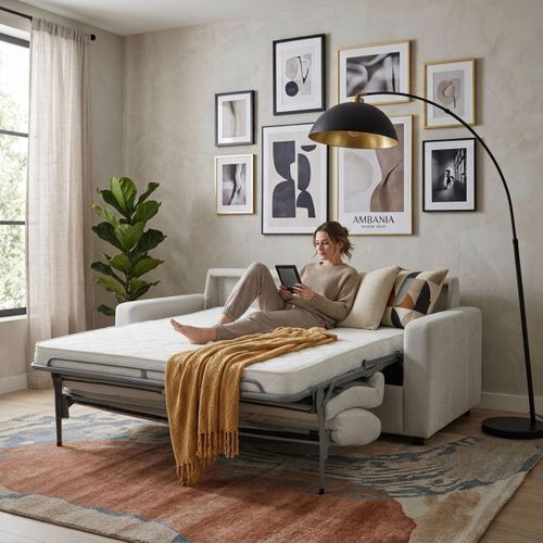 Canapé 3 places convertible express LIOR en tissu beige - matelas 12 cm